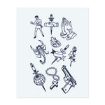 Ein Bündel kräftiger Symbole: ein Boxer, betende Hände mit einem Schwert, ein Skorpion, eine Rose mit einem Dolch, ein Globus, ein Rosenkranz und eine Waffe. Diese Designs vereinen Themen wie Stärke, Liebe, Glauben und Schutz.
