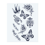 Ein Bündel kontrastreicher Symbole: fliegende Schwalben, ein Skorpion, lebendige Schmetterlinge, blühende Rosen und ein Marienkäfer. Diese Designs vereinen die Schönheit der Natur mit Gefahr und fangen Themen wie Freiheit, Transformation und Stärke ein.