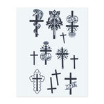Ein Bündel von Kreuzen in verschiedenen Stilen, von kunstvollen Designs mit Schlangen und Augen bis hin zu einfacheren Kreuzen mit Wörtern wie "Love" und "Hell". Jedes Symbol spiegelt einen anderen Aspekt von Spiritualität, Leben und persönlicher Bedeutung wider. Ideal für jemanden, der ein Tattoo sucht, das Glauben, Kampf oder persönliche Überzeugungen repräsentiert.