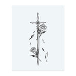 A minimalist black line tattoo depicting an ornate sword entwined with blooming roses and falling petals, symbolizing beauty and strength in balance.</span></p>
