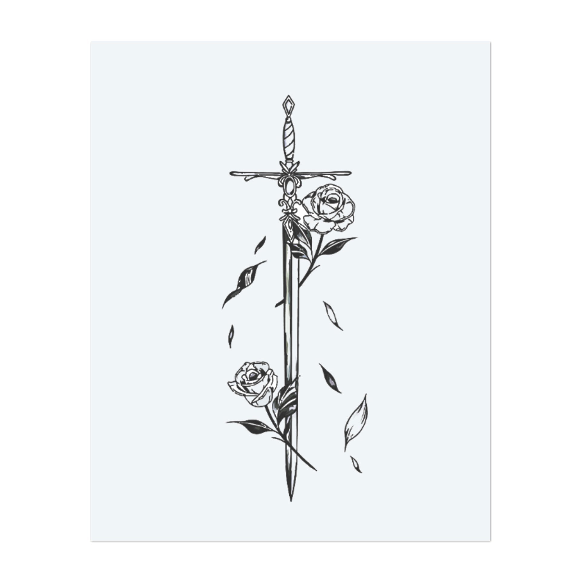 A minimalist black line tattoo depicting an ornate sword entwined with blooming roses and falling petals, symbolizing beauty and strength in balance.</span></p>