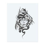 A haunting, Medusa-like figure with a stone face, cracked skin, and lifeless eyes is crowned with writhing serpents, symbolizing danger, power, and mysticism in a bold blackwork style.