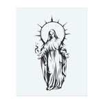 A serene, robed figure radiates divine energy beneath a radiant halo, hands open in a gesture of peace. Bold lines and gentle curves create a powerful, spiritual presence and evoke purity and protection.