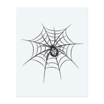 A striking black spider rests at the center of an intricate web. Its abdomen is marked with a distinctive Gothic cross. This temporary tattoo combines eerie elegance with symbolic clarity, perfect for a mysterious and bold statement.