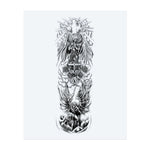 An imposing vertical scene unfolds with figures of praying angels, a cross decorated with roses and dog tags, and a fierce archangel descending with a sword. This tattoo embodies themes such as sacrifice, divine power, and heavenly justice in breathtaking blackwork.