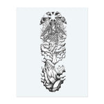 An angel with a staff soars amid radiant rays and billowing clouds, crowned by a starry sky. Below, hands clasped in prayer and a flying dove symbolize peace and devotion. This tattoo embodies spiritual grandeur and divine serenity in a classic and reverent style.