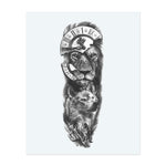 A majestic lion and a wise wolf characterize this design, framed by a broken clock with Roman numerals. Below them, wolves roam a moonlit forest. This tattoo symbolizes strength, instinct, and the inexorable passage of time through the hierarchy of nature.