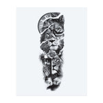 A powerful sequence of lion faces leads to a bright-eyed guardian beneath a broken clock, symbolizing courage through time. With a cross and a praying Christ figure in the center, this tattoo combines spiritual faith, inner strength, and eternal vigilance.