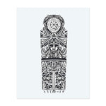This striking black tattoo features a vertically oriented Norse totem motif with a Viking warrior's head in the center, crowned by a Vegvisir compass symbol and flanked by geometric tribal motifs. Below, symmetrical wolves gaze toward a central sword, framed by runic inscriptions. The style combines Norse mythology with ornamental tribal aesthetics.