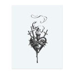A bleeding heart, wrapped in thorns and pierced by swords, rises with rising smoke and a candle flame. This spectacular temporary tattoo evokes themes of sacrifice, perseverance, and spiritual struggle with hauntingly detailed gothic art.