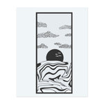 This temporary tattoo, framed in a minimalist rectangle, captures a tranquil sunset with swirling abstract waves, dotted clouds, and birds silhouetted against the setting sun. A harmonious blend of peace and movement that evokes quiet contemplation and dreamy silence.
