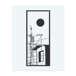 This temporary tattoo in a transparent rectangular frame depicts a city rooftop with antennas under a blazing black sun. The minimalist lines and tangle of cables create a calm and contemplative atmosphere—solitude meets the geometry of urban life.