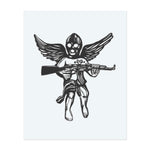 This design is an intense combination of innocence and war. It depicts a winged angel with a mask and a rifle. The stark contrast between the divine figure and the weapons creates a bold and provocative symbol of rebellion and conflict.