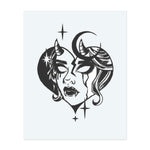 A haunting vampire face framed by a heart, adorned with crescent moons, stars, and devilish horns. This temporary tattoo combines gothic beauty with celestial mystery, capturing the allure of darkness, power, and ethereal seduction.
