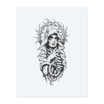 A haunting figure, wrapped in a shroud and surrounded by a crown of thorns, stares ahead with bloody eyes. Her skeletal body, coiled around a snake, lends the whole a strange blend of beauty, decadence, and dark mysticism.