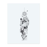 A muscular figure pushes upwards a textured sphere, surrounded by complex geometric shapes, mathematical symbols, and abstract elements. This temporary tattoo combines classical anatomy with scientific precision and symbolizes the struggle for knowledge, order, and human endurance.