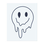 Ein schmelzendes, cartoonhaftes Smiley-Gesicht. Es repräsentiert einen verzerrten oder surrealen Ausdruck von Glück. Ein einfaches, aber markantes Design mit einem Hauch von Fantasie.