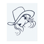Ein Profil einer Frau mit Cowboyhut und einem Stern auf ihrer Wange. Es symbolisiert den westlichen Stil, Unabhängigkeit oder einen Hauch von Glamour.
